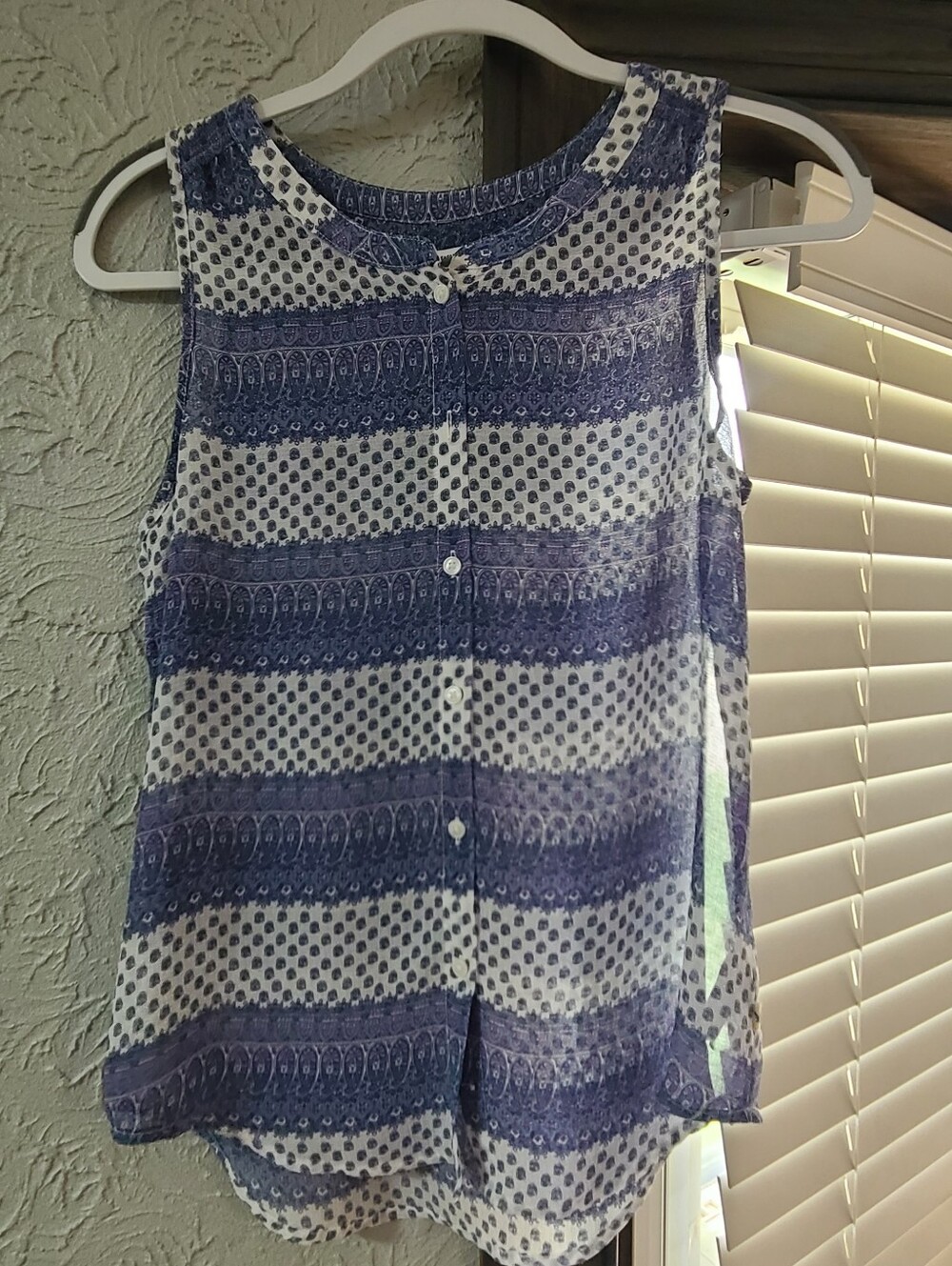 American Eagle Outfitters sleeveless button-front top blue-and-white paisley